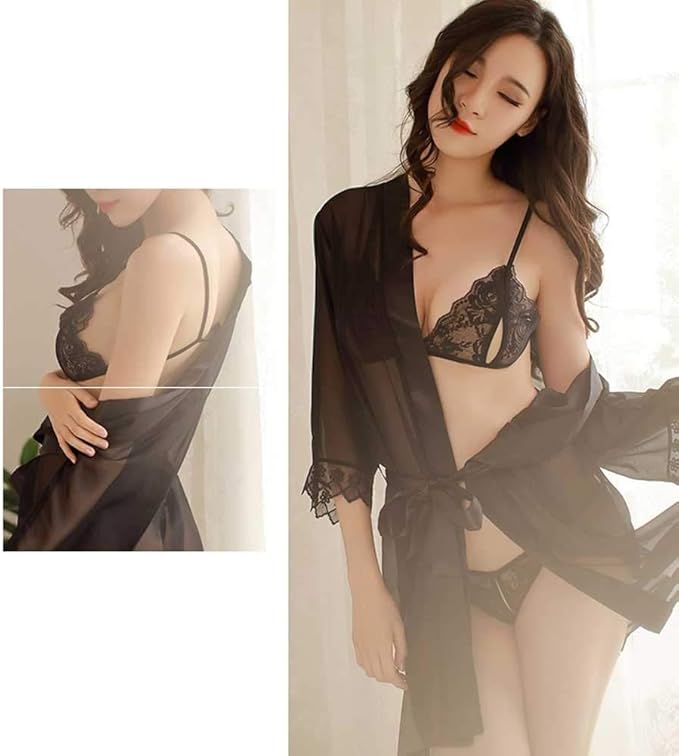 White Transparent Lace Nightgown Robe Sleepwear With Bikini for Women