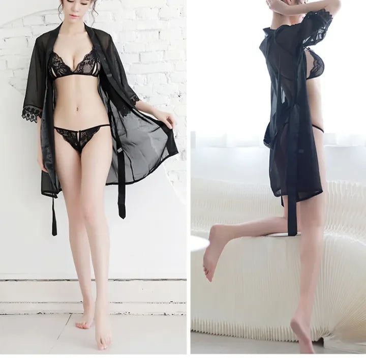 Pink Transparent Lace Nightgown Robe Sleepwear With Bikini for Women