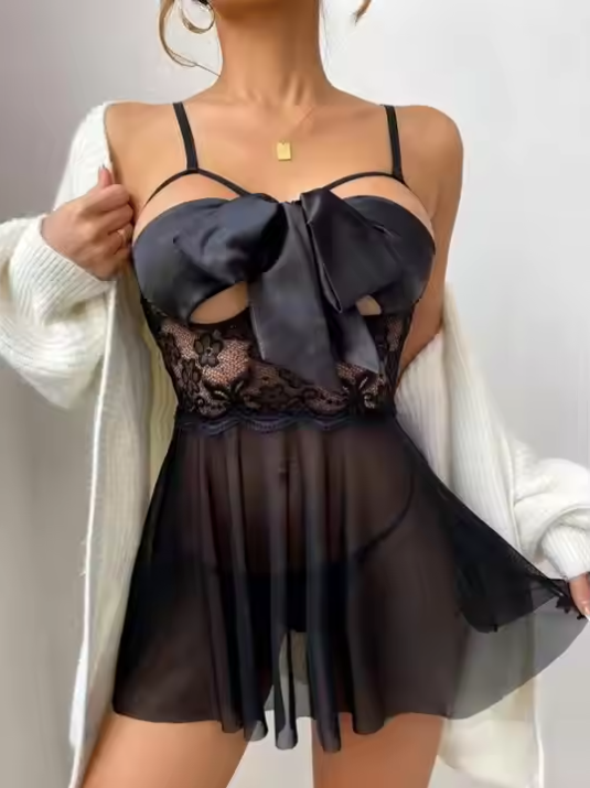 Jane Sheer Lace Satin Bow Tie Negligee Lingerie Set with Adjustable Strap