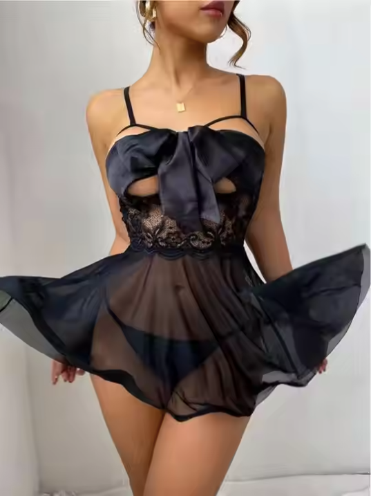 Jane Sheer Lace Satin Bow Tie Negligee Lingerie Set with Adjustable Strap