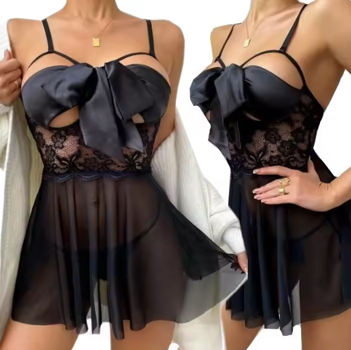 Jane Sheer Lace Satin Bow Tie Negligee Lingerie Set with Adjustable Strap