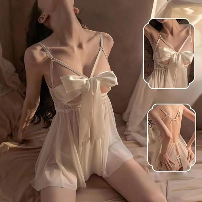 Jane Sheer Lace Satin Bow Tie Negligee Lingerie Set with Adjustable Strap