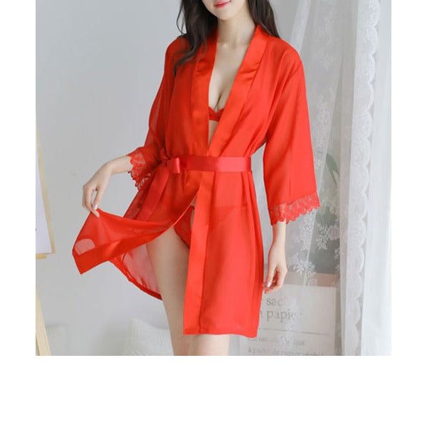 Pink Transparent Lace Nightgown Robe Sleepwear With Bikini for Women