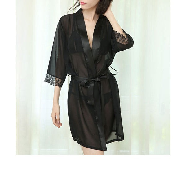 Pink Transparent Lace Nightgown Robe Sleepwear With Bikini for Women