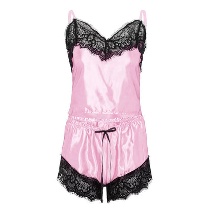 LL Lace Trim Satin Silk Pajama Set with Shorts