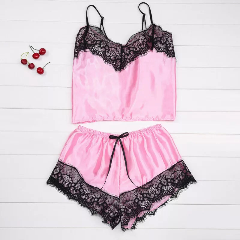 LL Lace Trim Satin Silk Pajama Set with Shorts