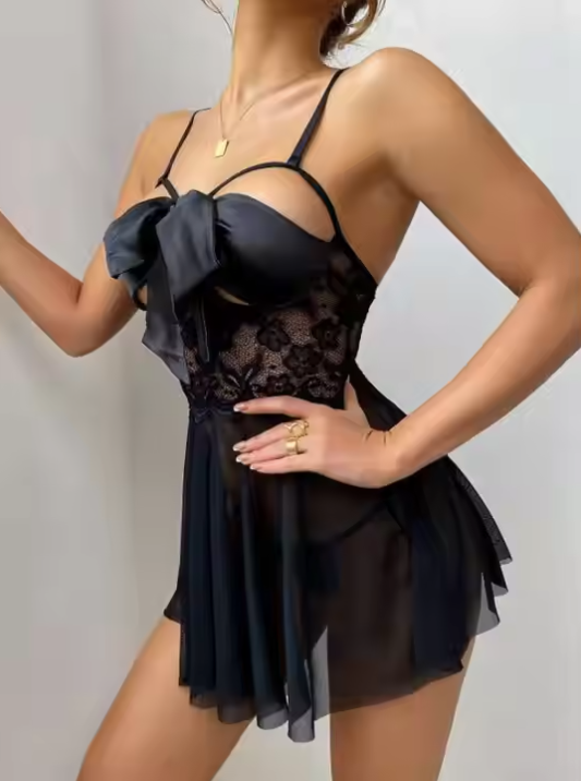 Jane Sheer Lace Satin Bow Tie Negligee Lingerie Set with Adjustable Strap