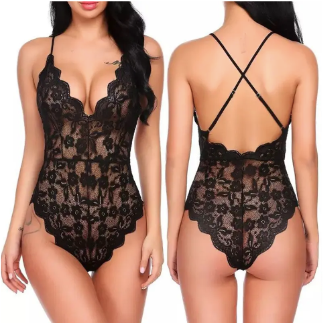 One Piece Sexy Lingerie With Lace Bodysuit Deep V Adjustable Crisscross