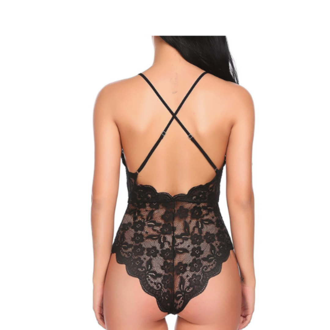 One Piece Sexy Lingerie With Lace Bodysuit Deep V Adjustable Crisscross